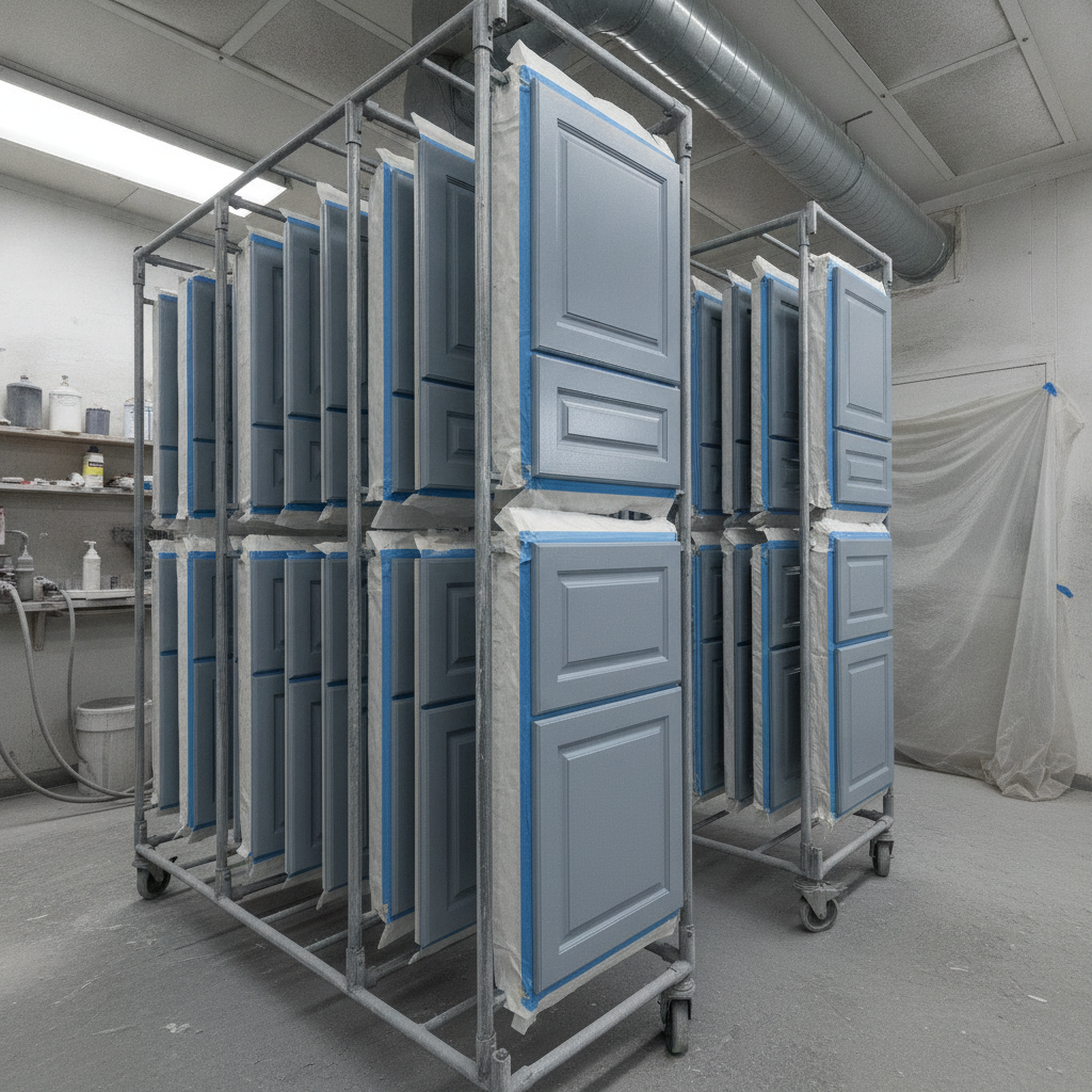 Cabinet doors curing on drying racks in a professional Toronto spray booth for cabinet respraying