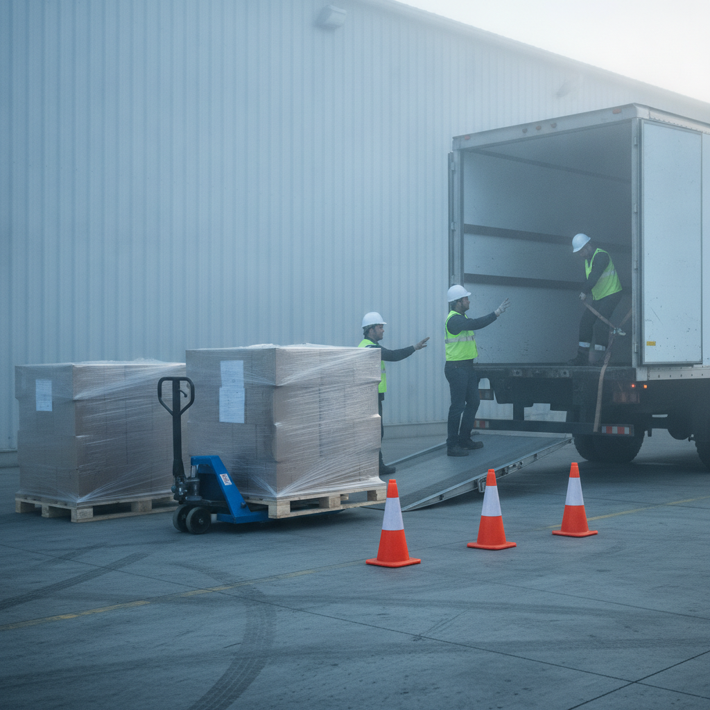 Loading dock during an Ottawa warehouse move with pallet jack, shrink‑wrapped pallets, truck ramp, and coordinated crew