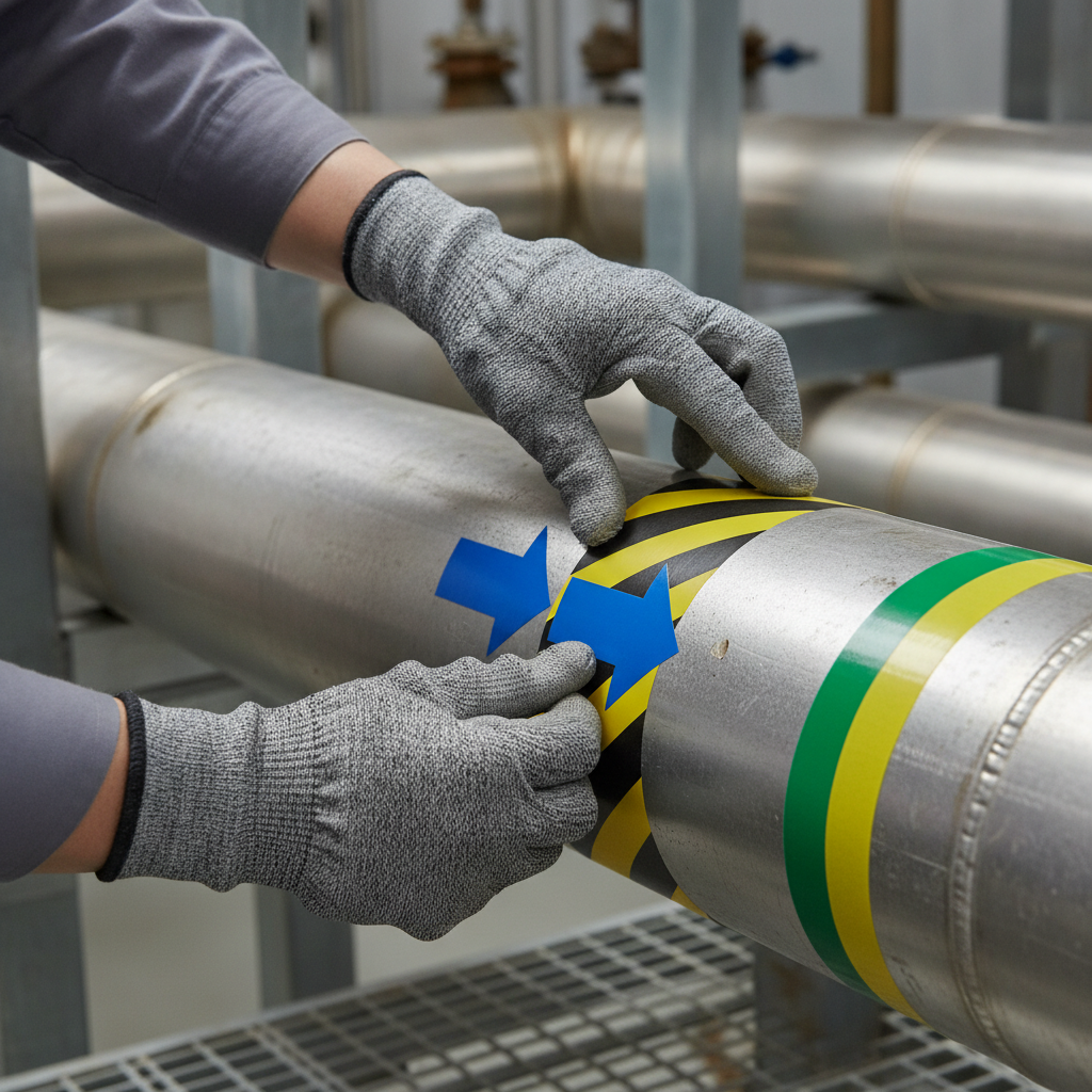 Close-up of technician applying arrow tape and color bands to an industrial pipe for ASME A13.1 identification