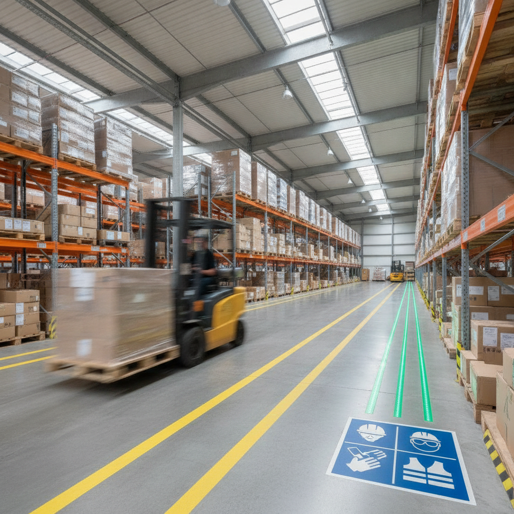 Warehouse aisle showing forklift traffic, floor markings, and visible egress paths for workplace safety