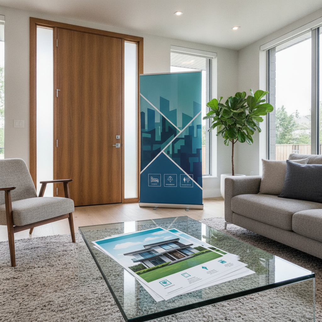 Staged open house with roll‑up banner and feature sheets on table; selective glossy accents on key graphics for a polished Realtor setup