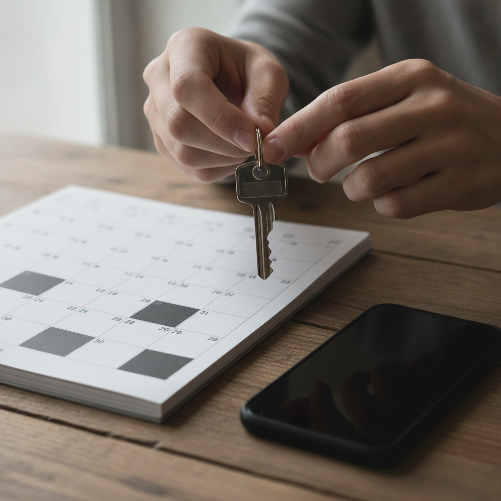 Close-up of house key and calendar illustrating a Brampton home buying timeline milestones