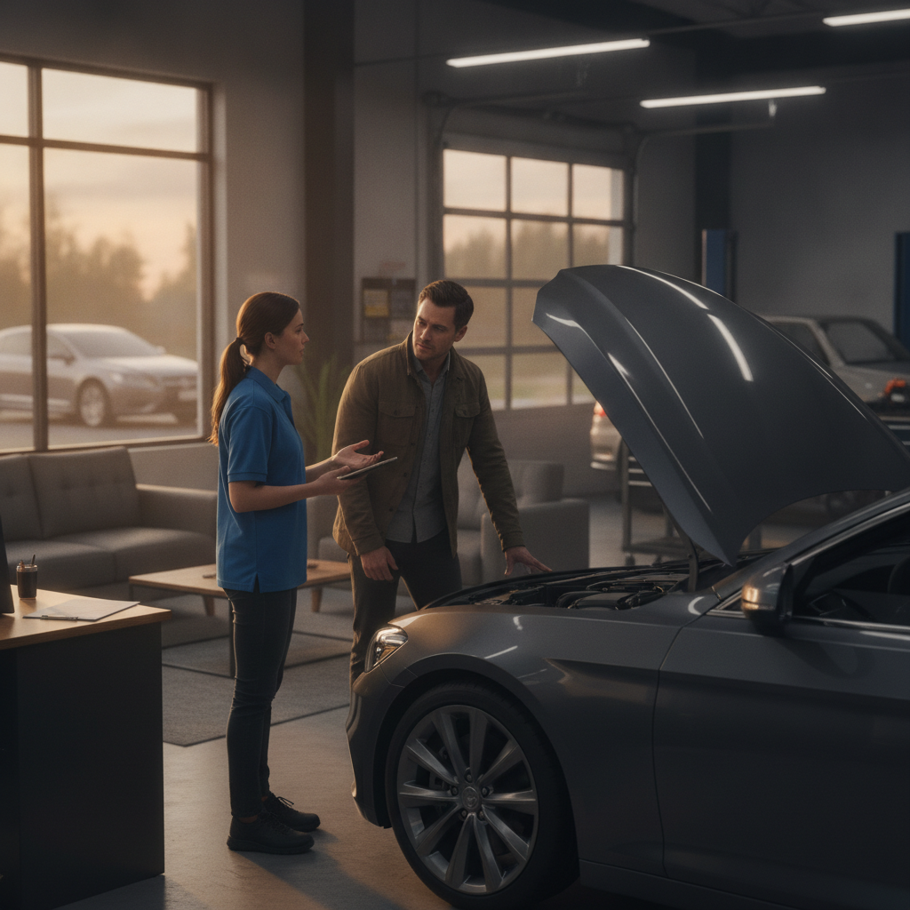 Service advisor and customer reviewing auto body repair timeline inside a Burnaby shop