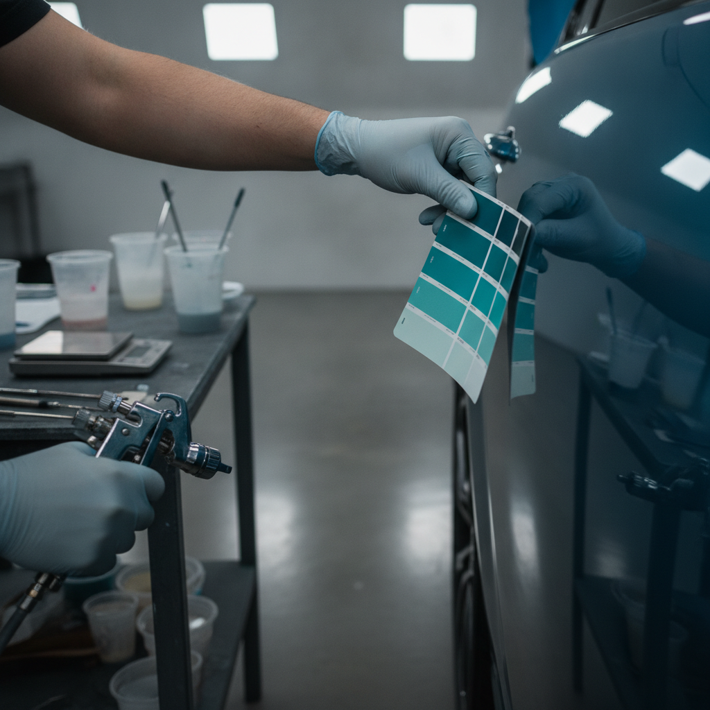 Paint matching in Burnaby auto body shop with spray-out card and fender for color accuracy
