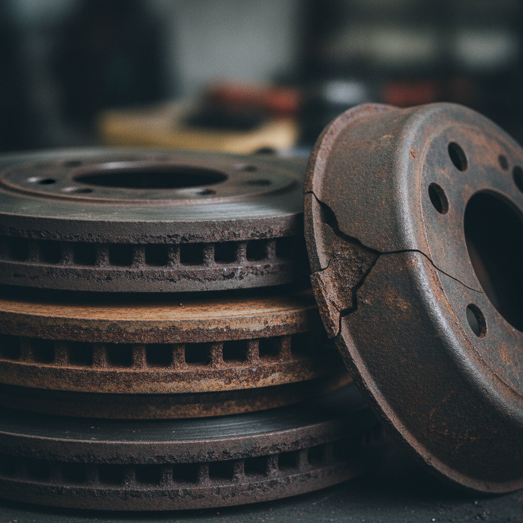 Close‑up of cast iron brake rotors and skillet texture used to identify cast iron for recycling
