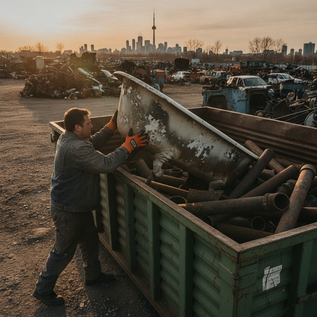Worker loading cast iron pipes and a claw‑foot tub into a recycling bin in Etobicoke