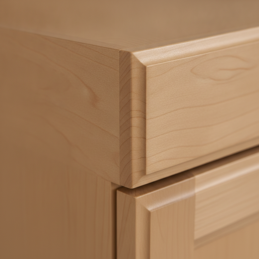 Close-up of maple cabinet corner with sprayed satin finish for a Toronto cabinet makeover