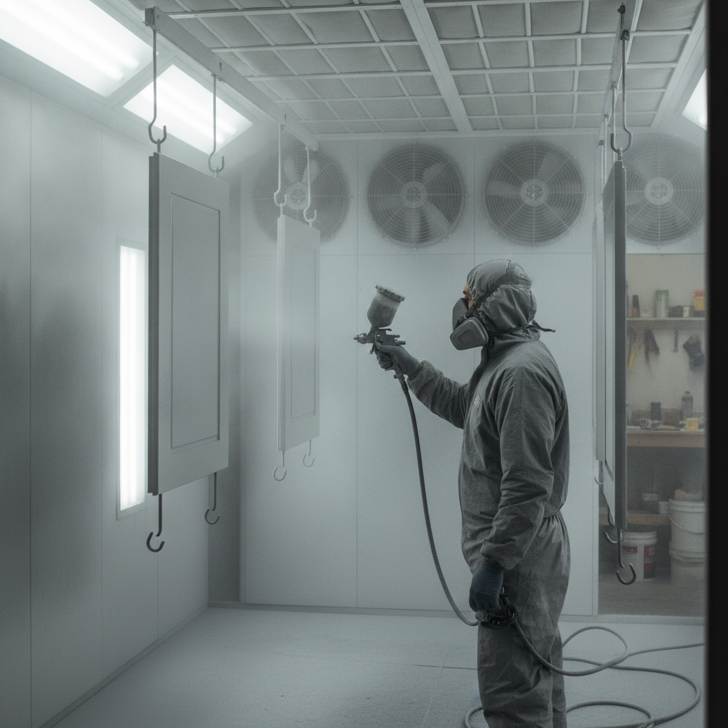 Pro technician spray painting detached cabinet doors in a controlled spray booth for a Toronto project