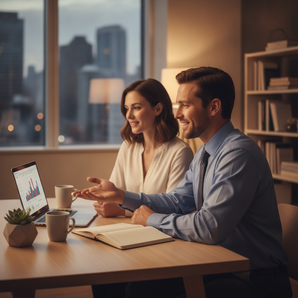 Broker and homeowner reviewing a side‑by‑side comparison of refinance, line of credit, and top‑up options