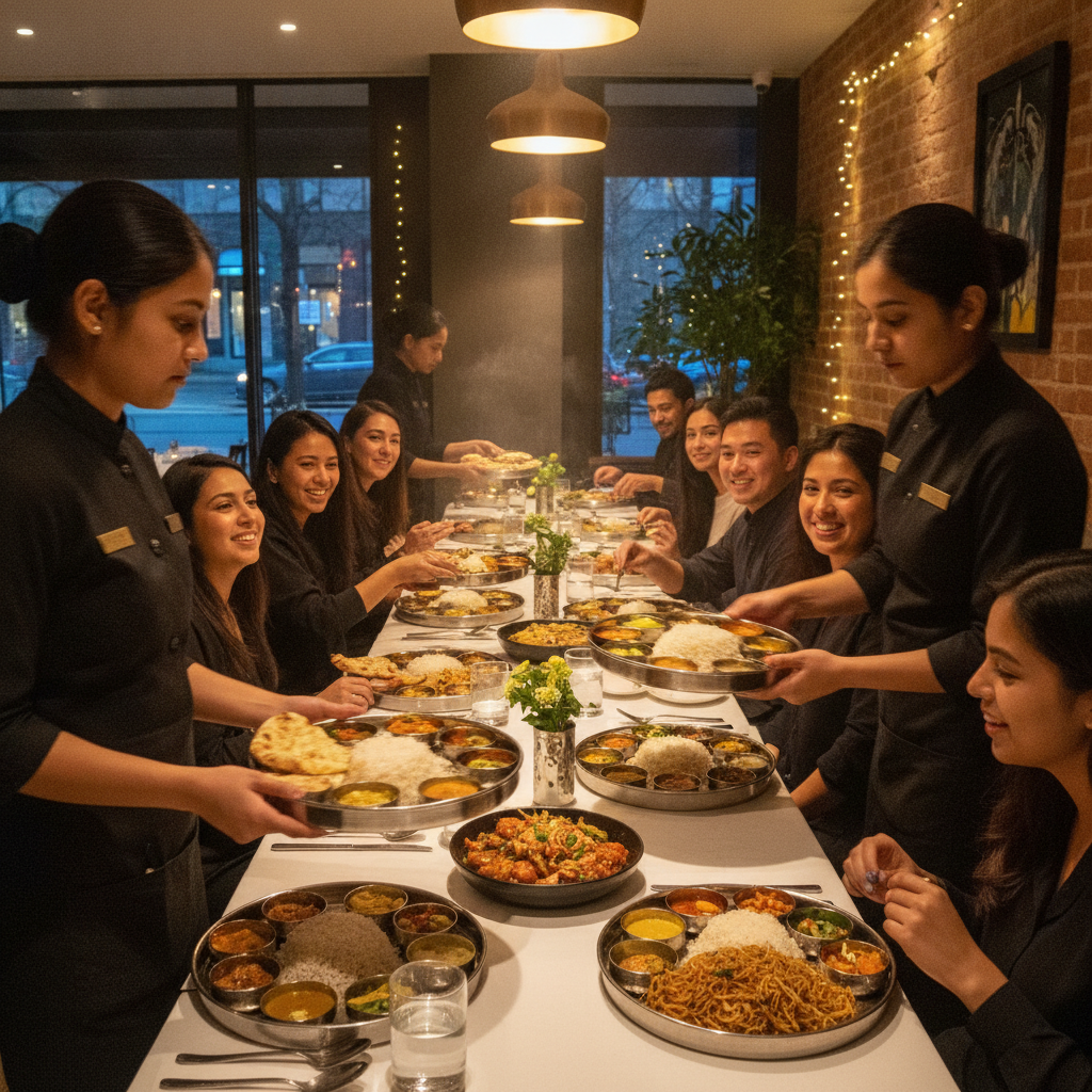 Group dinner scene with thali sets and Indo-Chinese dishes served by staff at an Indian fusion restaurant in Kitchener