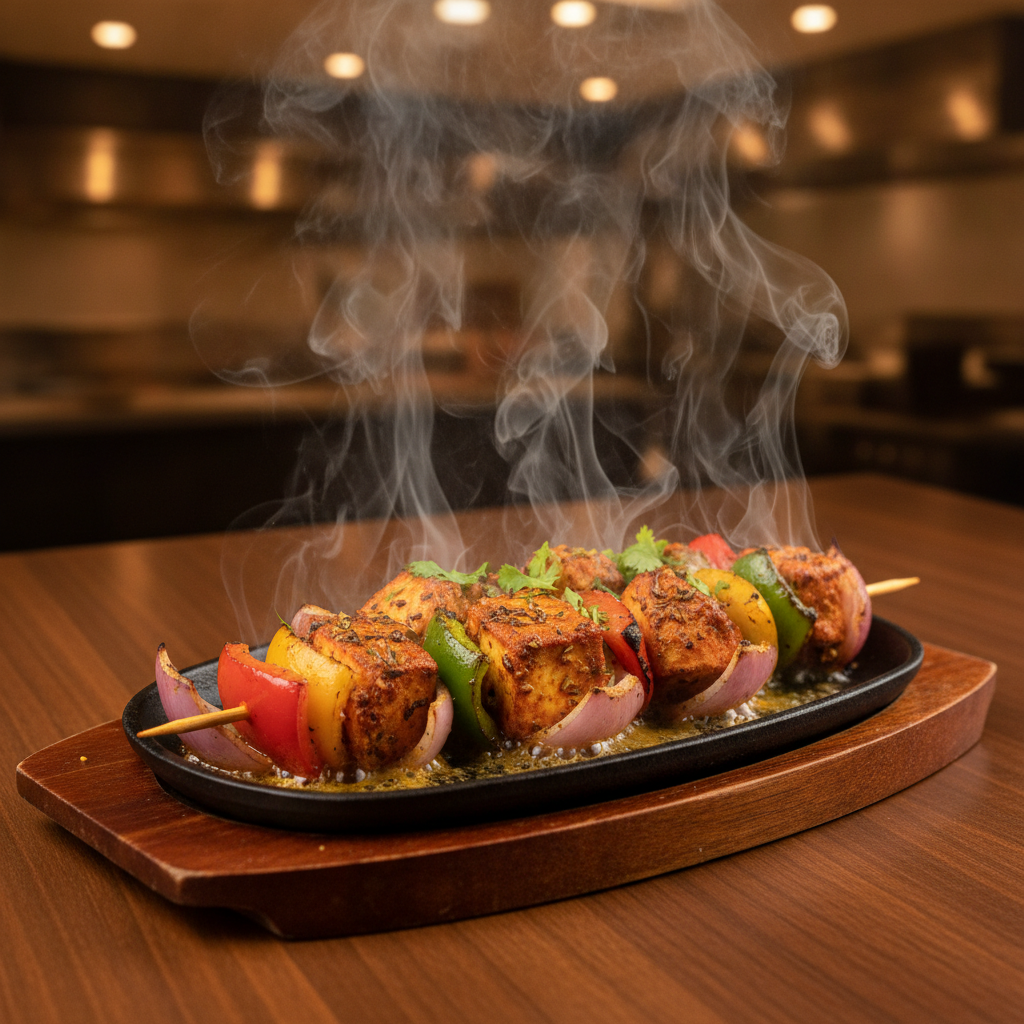 Close-up sizzling Indian sizzler with paneer and peppers for Kitchener private dining groups