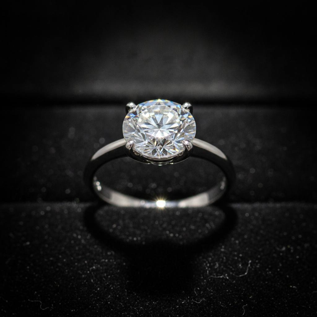 Engagement rings fast shipping: macro of a lab-grown diamond in a white gold prong setting, showing quality before next-day shipment