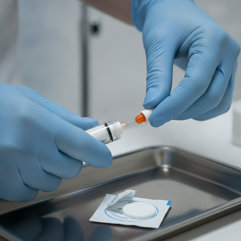 Clinician preparing an extended‑release subcutaneous injection, illustrating Sublocade administration for Ontario patients