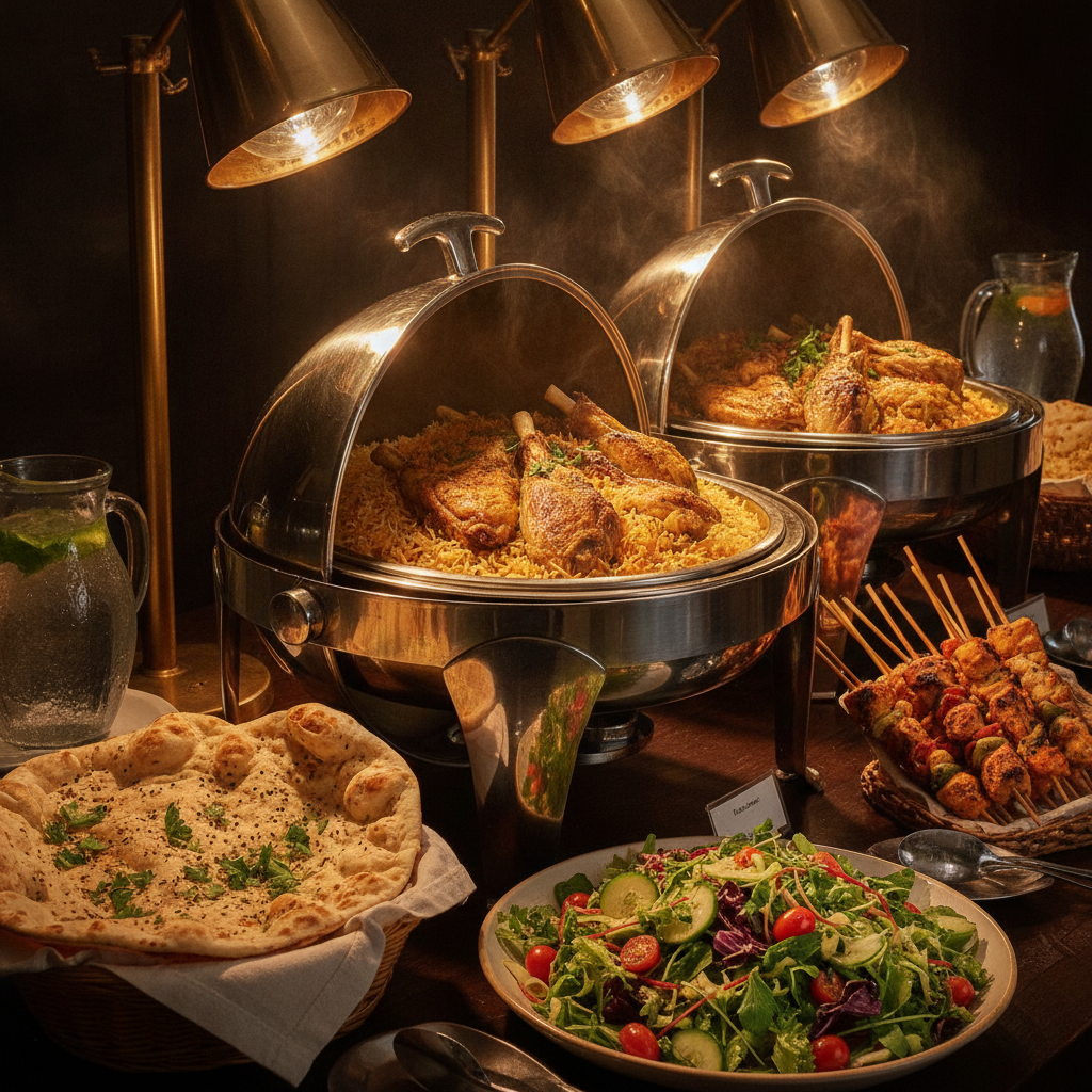 Halal-friendly corporate catering buffet with biryani, grilled chicken skewers, salads, and naan at a Mississauga retreat venue