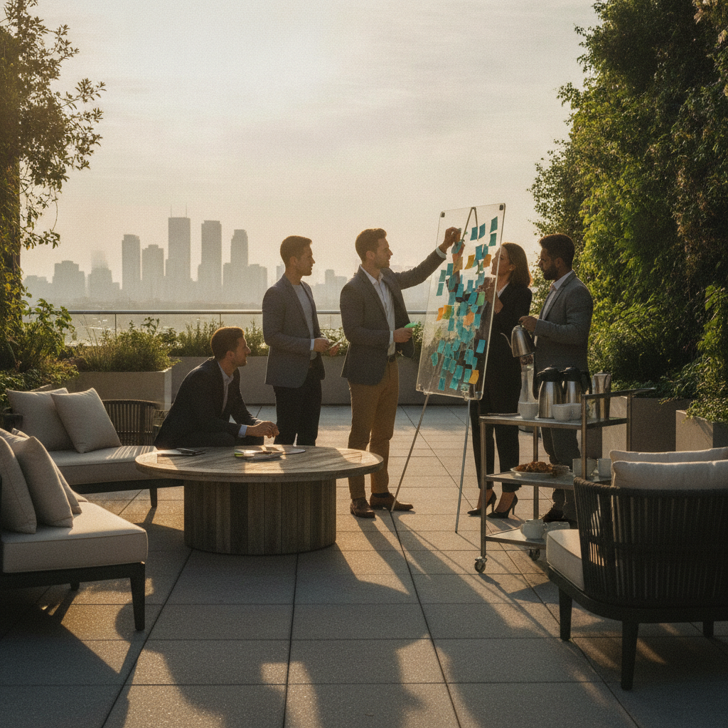 Outdoor patio breakout space at a Mississauga corporate retreat venue with lounge seating and greenery