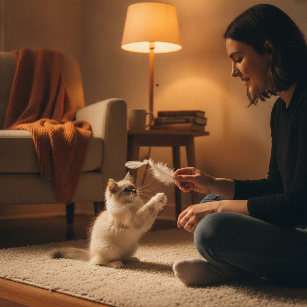 Playing with a gentle ragdoll kitten using a feather wand in a cozy Dhaka apartment