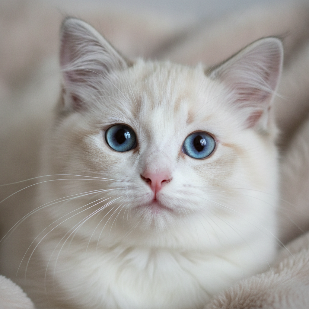 Close-up ragdoll kitten with blue eyes showing gentle, calm temperament in a Dhaka apartment