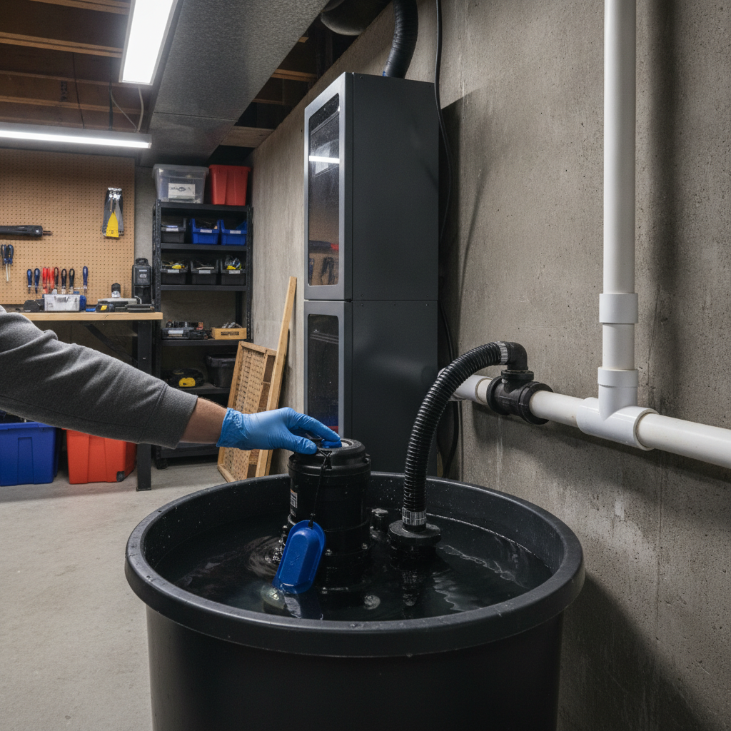 Sump pump with battery backup, check valve, and discharge line being tested during a basement inspection