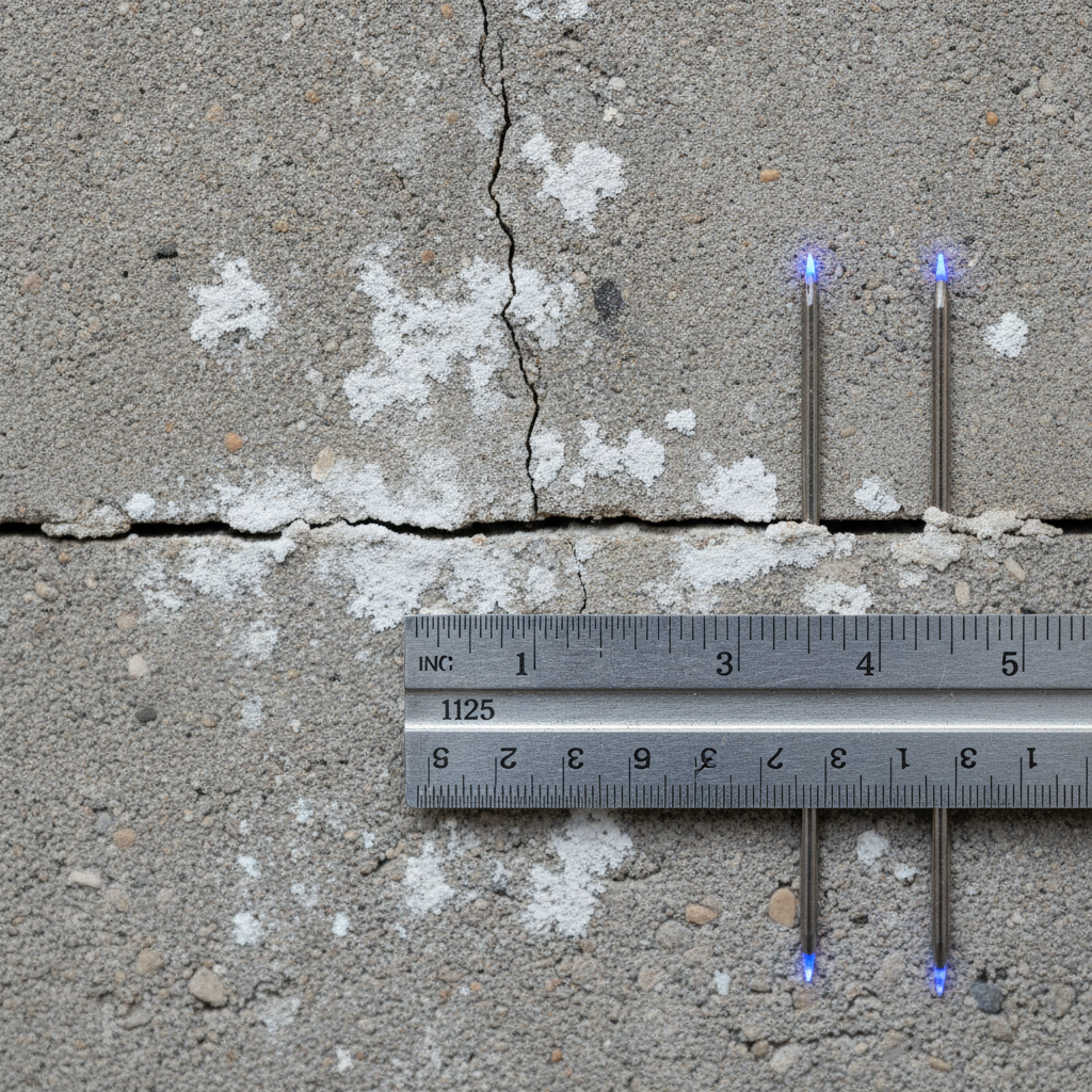 Basement inspection close-up: measuring a horizontal crack about 1/8 inch wide on a concrete block wall with light efflorescence