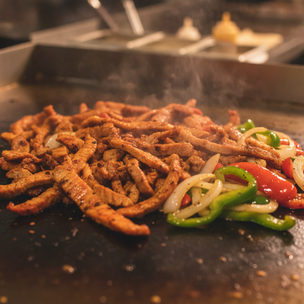 Close-up al pastor and grilled vegetables on a flat-top, showing caramelization and steam for authentic Mexican catering