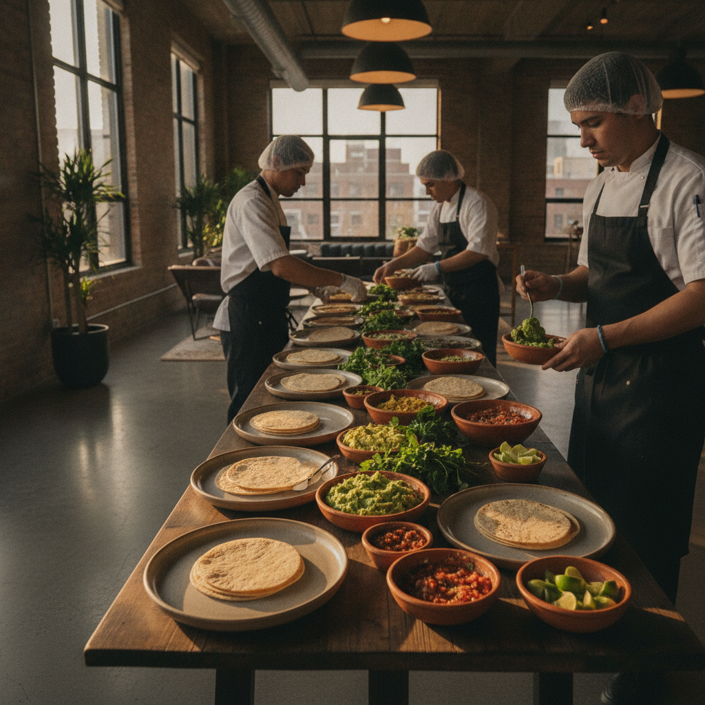 Catering team setting a taco station in a Toronto loft, showing mirrored lines and organized service