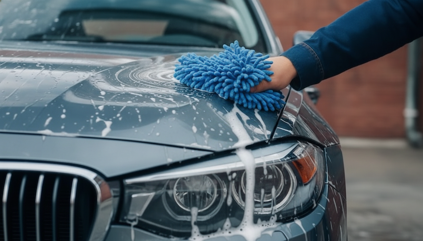 Microfiber wash mitt on PPF front fender during a gentle two-bucket wash, Mississauga driveway