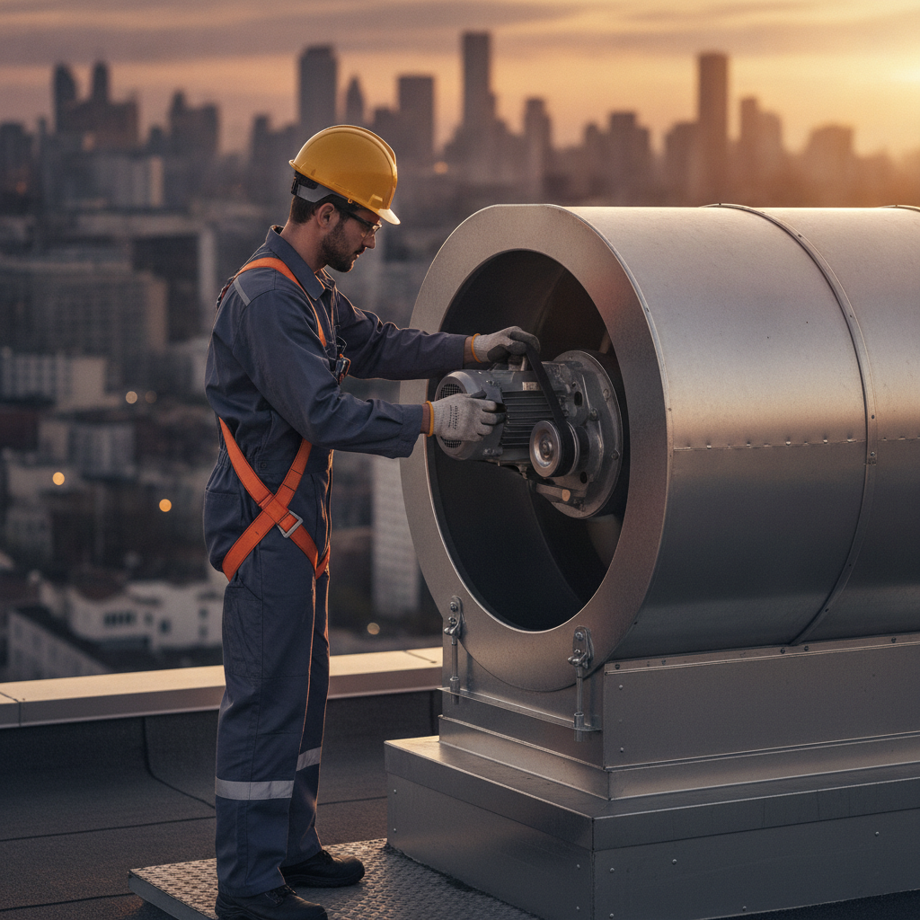 Technician inspecting rooftop exhaust fan belt and hinges to maintain airflow in Ontario kitchens