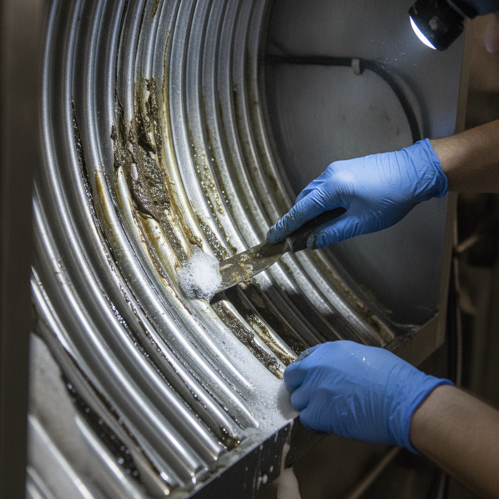 Close-up exhaust duct degreasing to remove heavy residue and avoid commercial kitchen cleaning mistakes
