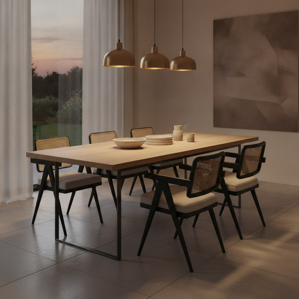 Quiet-luxury dining scene with cane-inspired seating, slim table, and warm pendant lighting