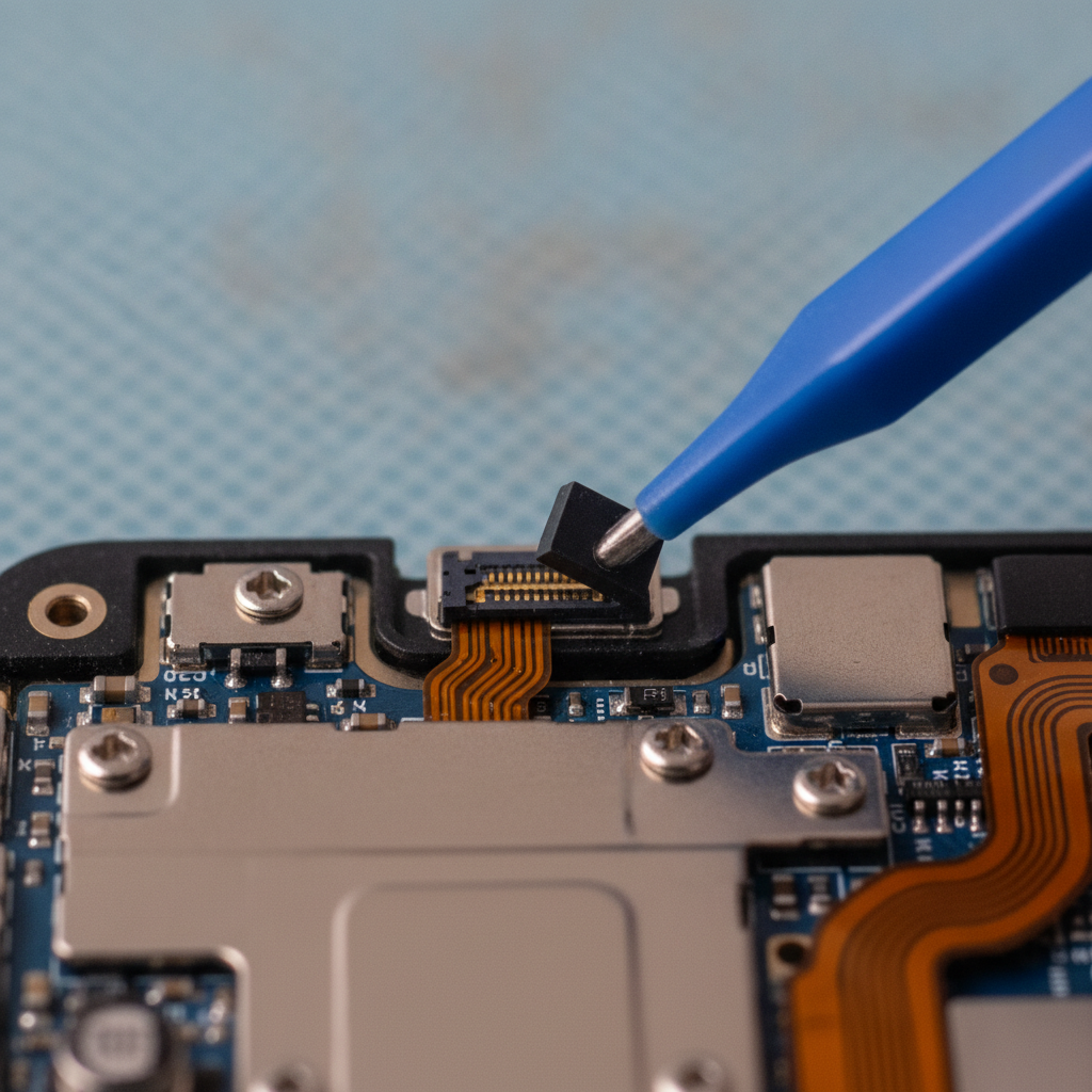 Close-up of safe iPhone battery connector removal on ESD mat for battery replacement decision