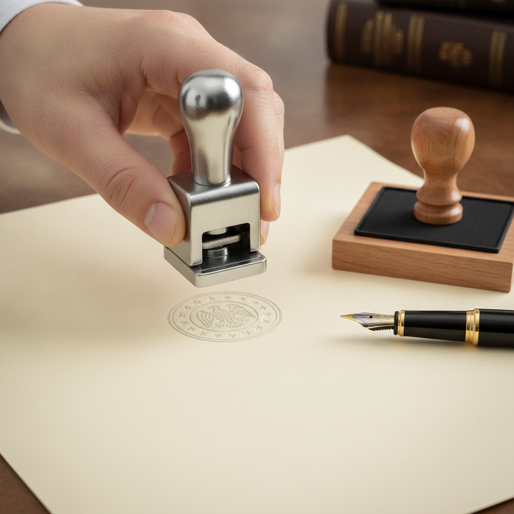 Close-up of a notary applying an embossed seal to an affidavit for Ontario immigration and family law use