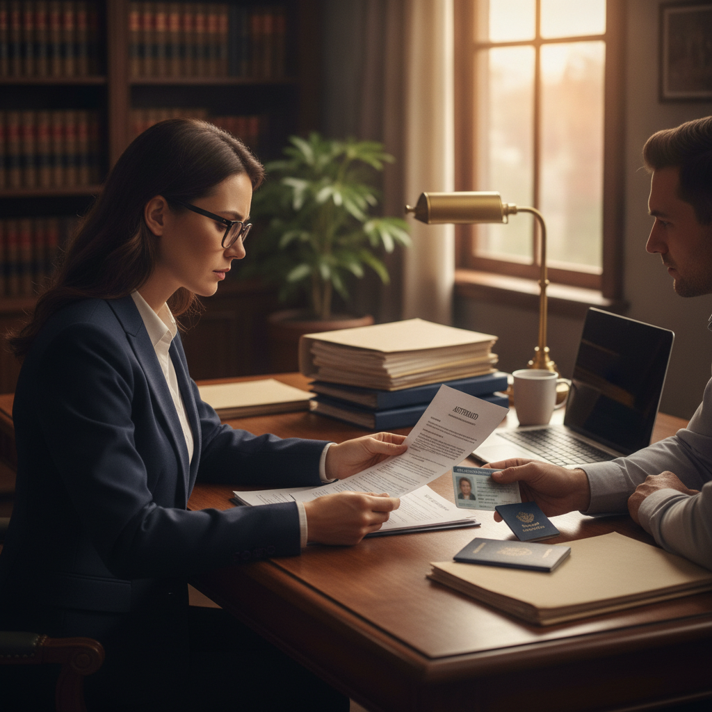 Lawyer reviewing an affidavit while a client presents ID and passport during notarization at a Brampton law office