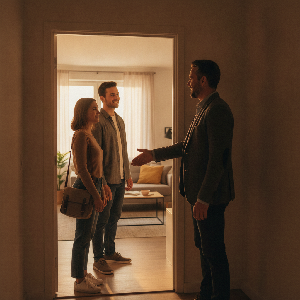 Landlord greeting prospective renters at a scheduled Houseup viewing, open door revealing a tidy living room