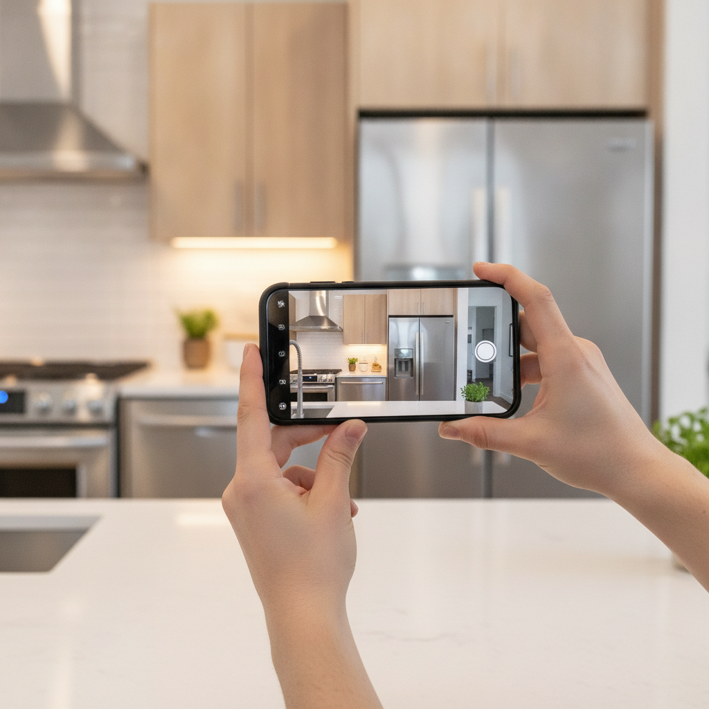 Close-up smartphone capturing kitchen photos for a list property for rent ad on Houseup, showing stainless appliances and bright countertops