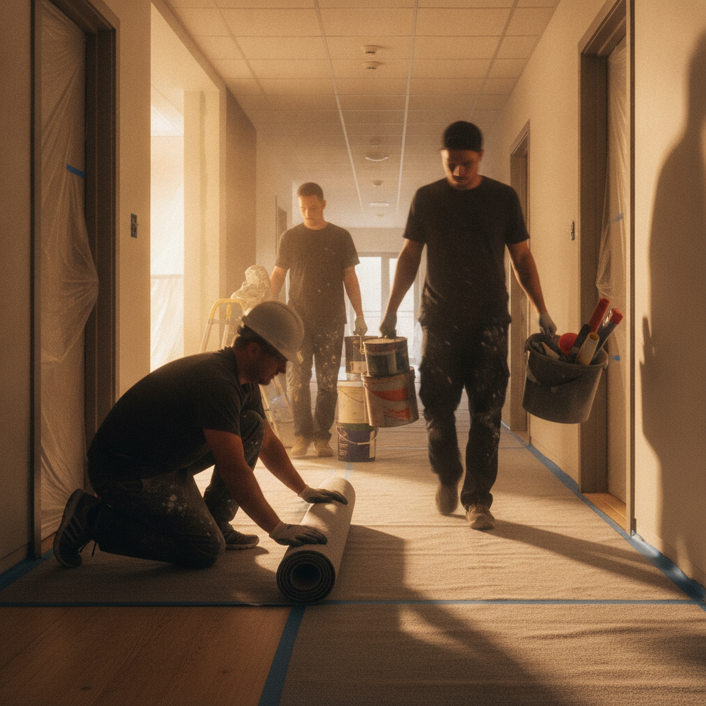 Crew protecting corridors and staging paint supplies for occupied-unit work in London apartments