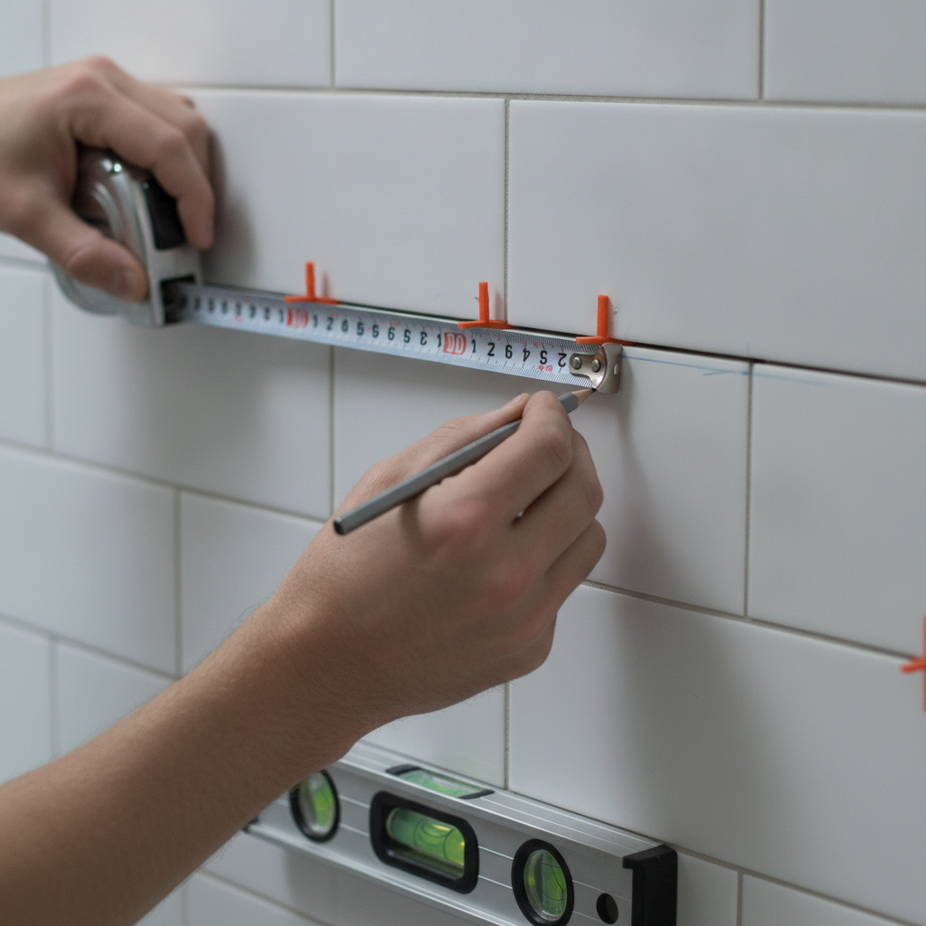 Detail measuring of bathroom tile for a scoped apartment repair proposal in London Ontario