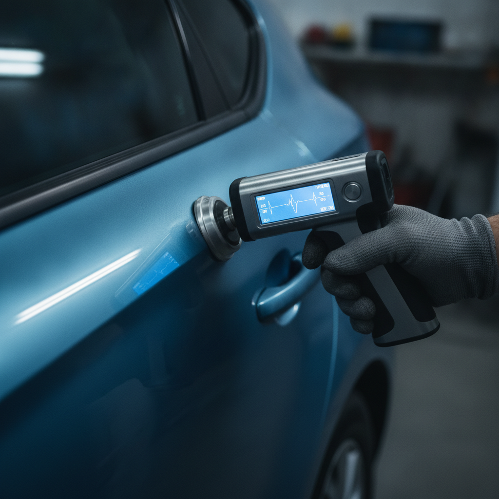 Close-up paint color matching with a spectrophotometer on a car door panel at a Burnaby auto body repair shop