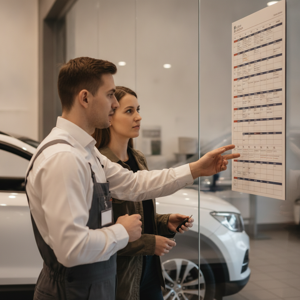 Service advisor reviewing an auto body repair schedule with a driver beside the car in a Burnaby shop reception