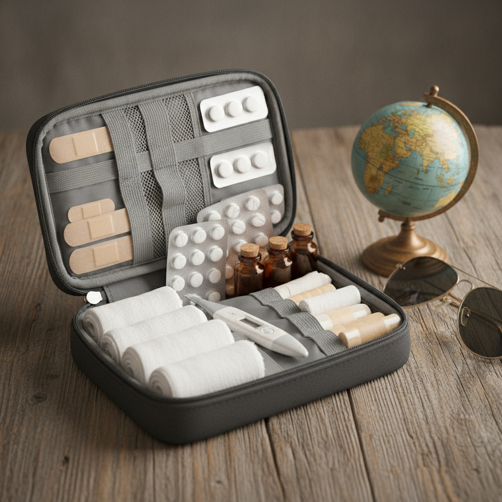 Travel medical insurance essentials shown with a close-up travel first aid kit and trip items