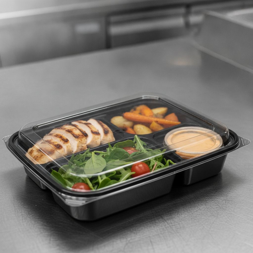 Individually packaged corporate meal for Toronto office catering with clear components and fresh greens