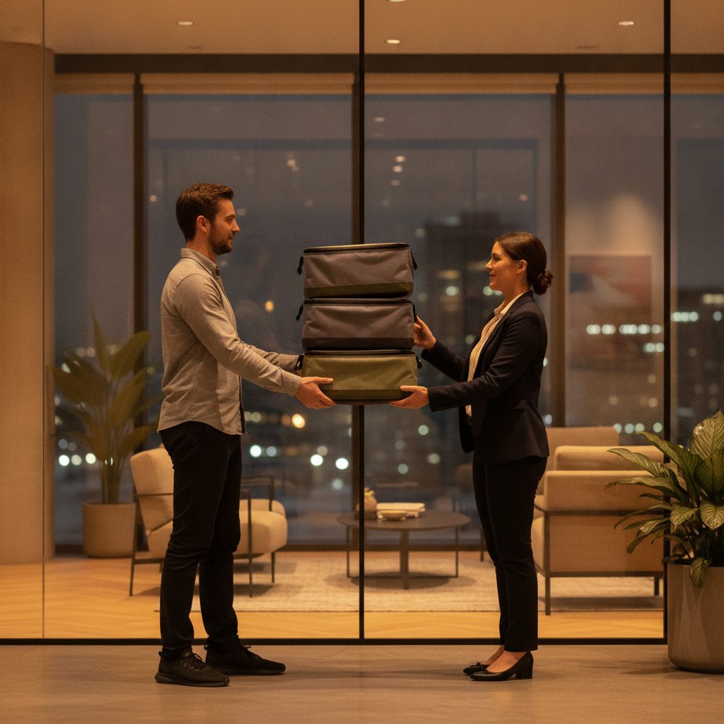 Courier handing insulated catering bags to an office coordinator in a Toronto lobby for timely corporate lunch delivery