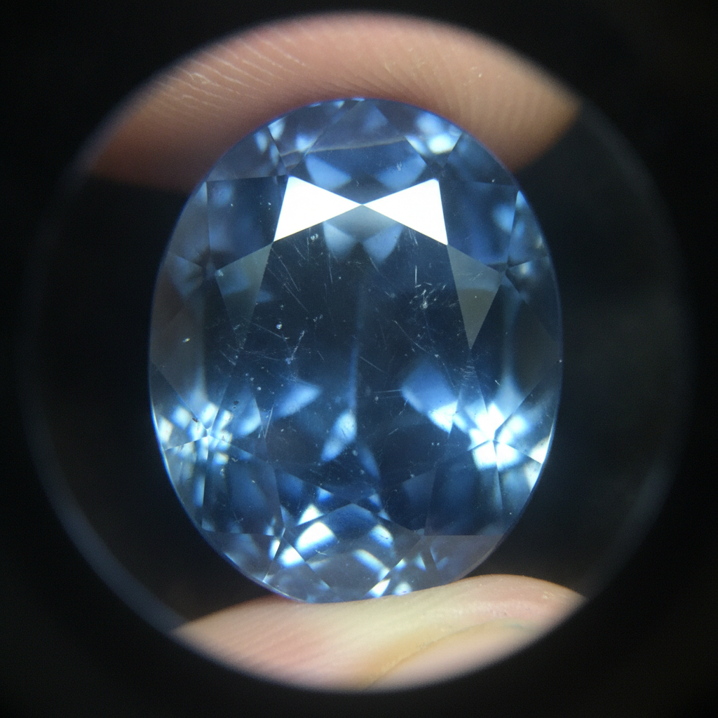 Macro close-up of natural blue sapphire under a jeweler’s loupe for gemstone verification in Brampton