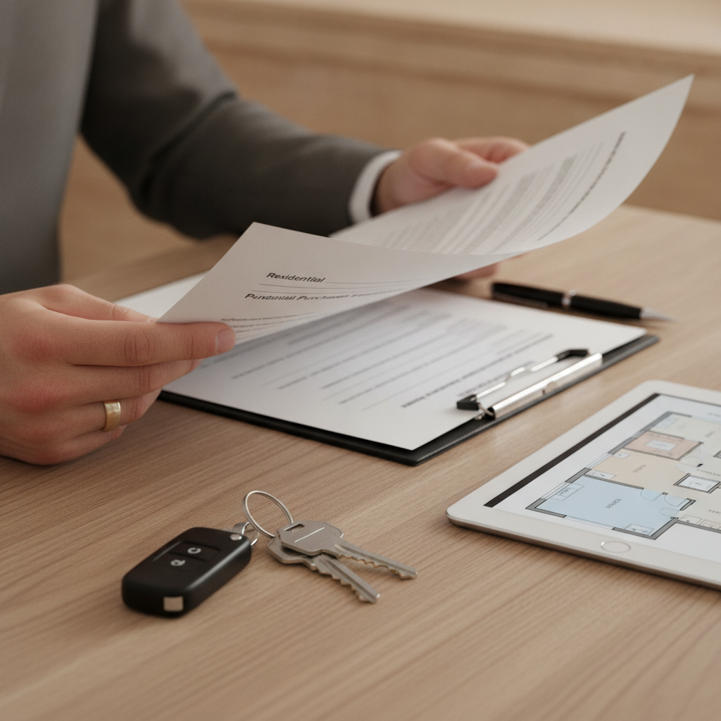 Buyer representation in Cambridge reviewing a home purchase agreement and keys on a wooden table