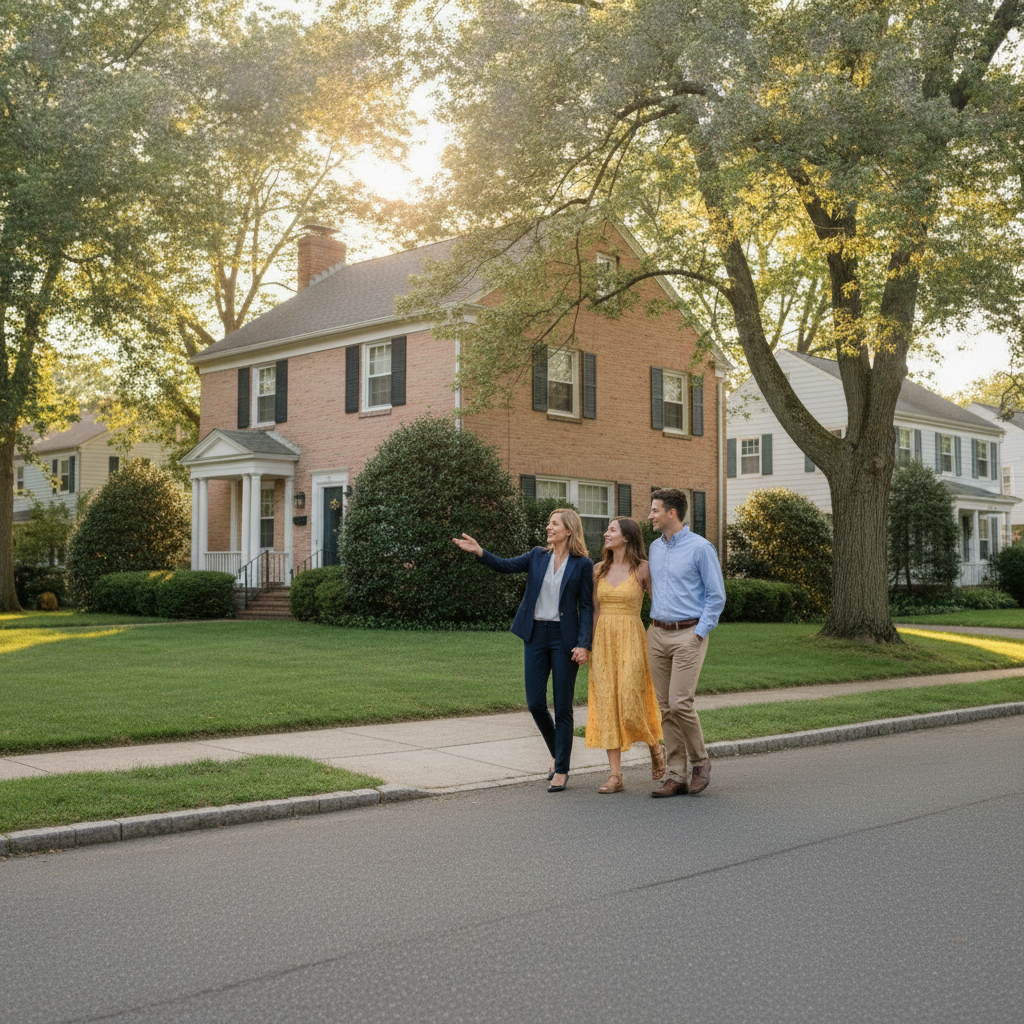 Cambridge realtor guiding a family home showing on a quiet neighborhood street at golden hour