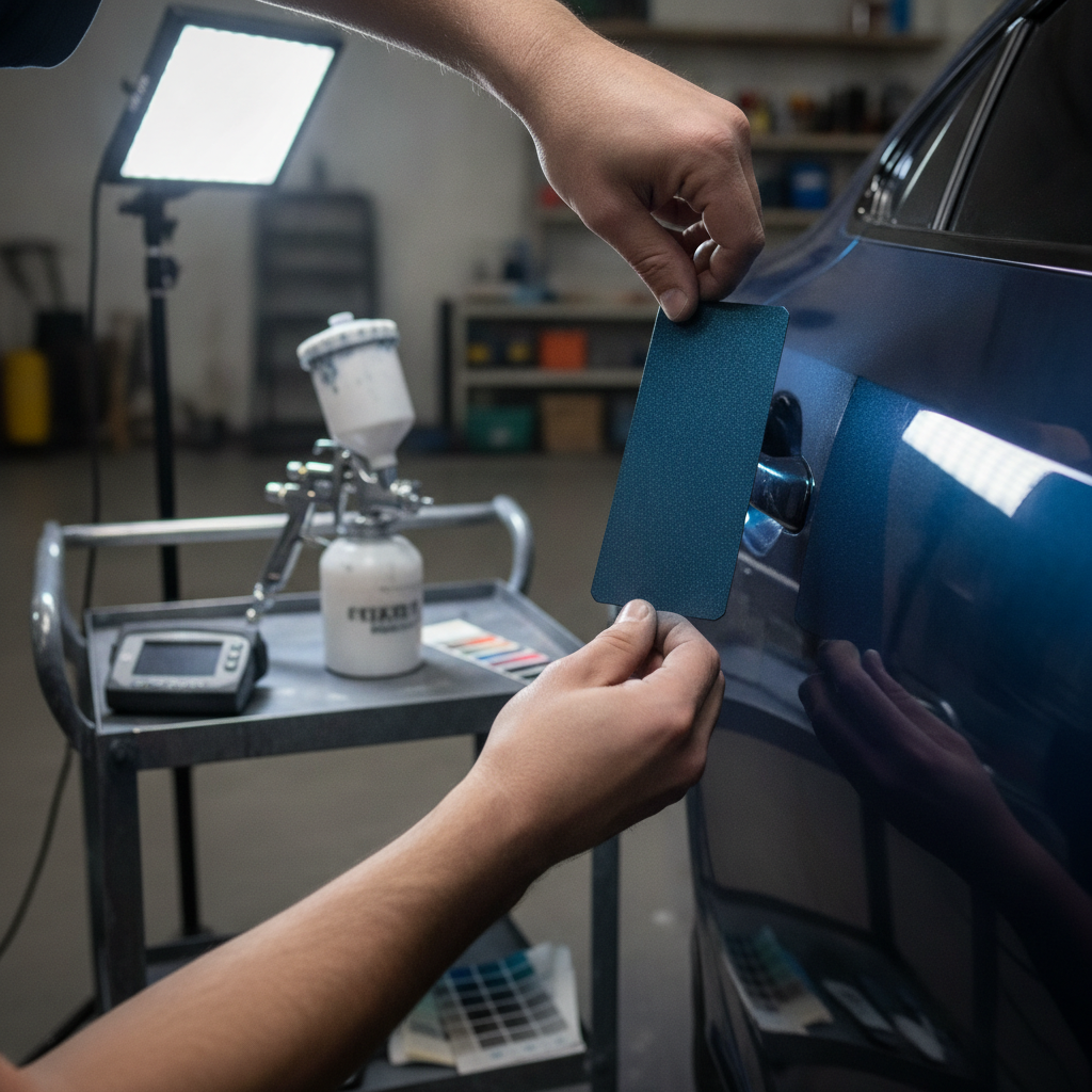 Precise automotive paint matching during ICBC collision repair: spray-out card compared to vehicle door under color-corrected lighting in Burnaby