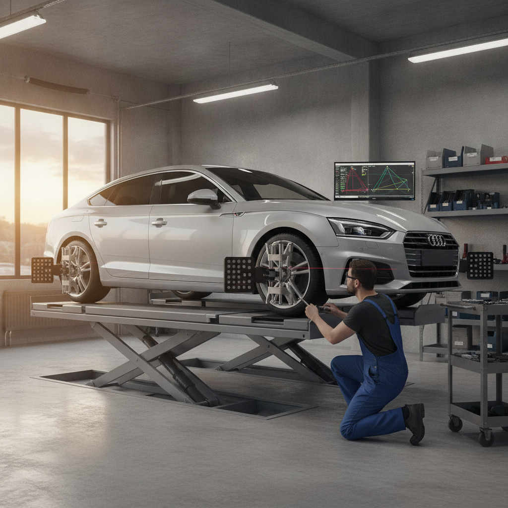 Post-collision wheel alignment on a four-wheel rack in Burnaby, sensors mounted and technician adjusting suspension for straight tracking