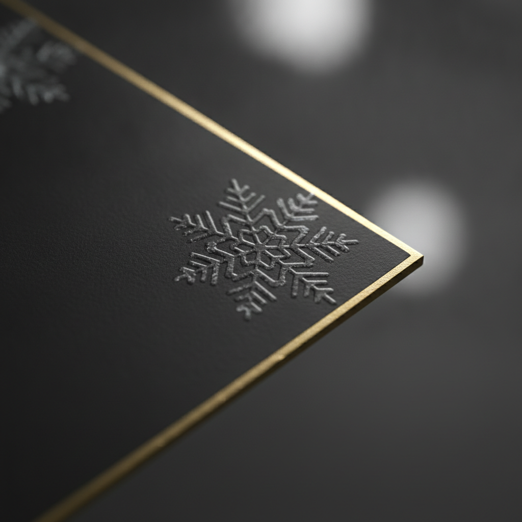 Detail of soft-touch Christmas business card with raised spot UV accents and foil edge for a premium holiday feel