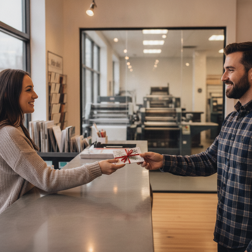 Customer picking up Christmas business cards at a Mississauga print counter for fast local handoff