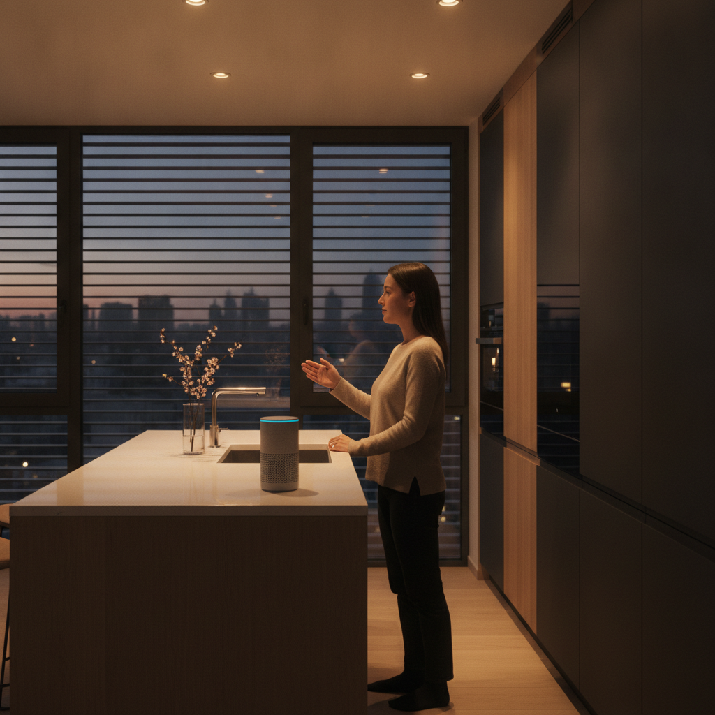 Brampton kitchen scene with motorized blinds and lighting scenes controlled by a smart home panel and voice assistant