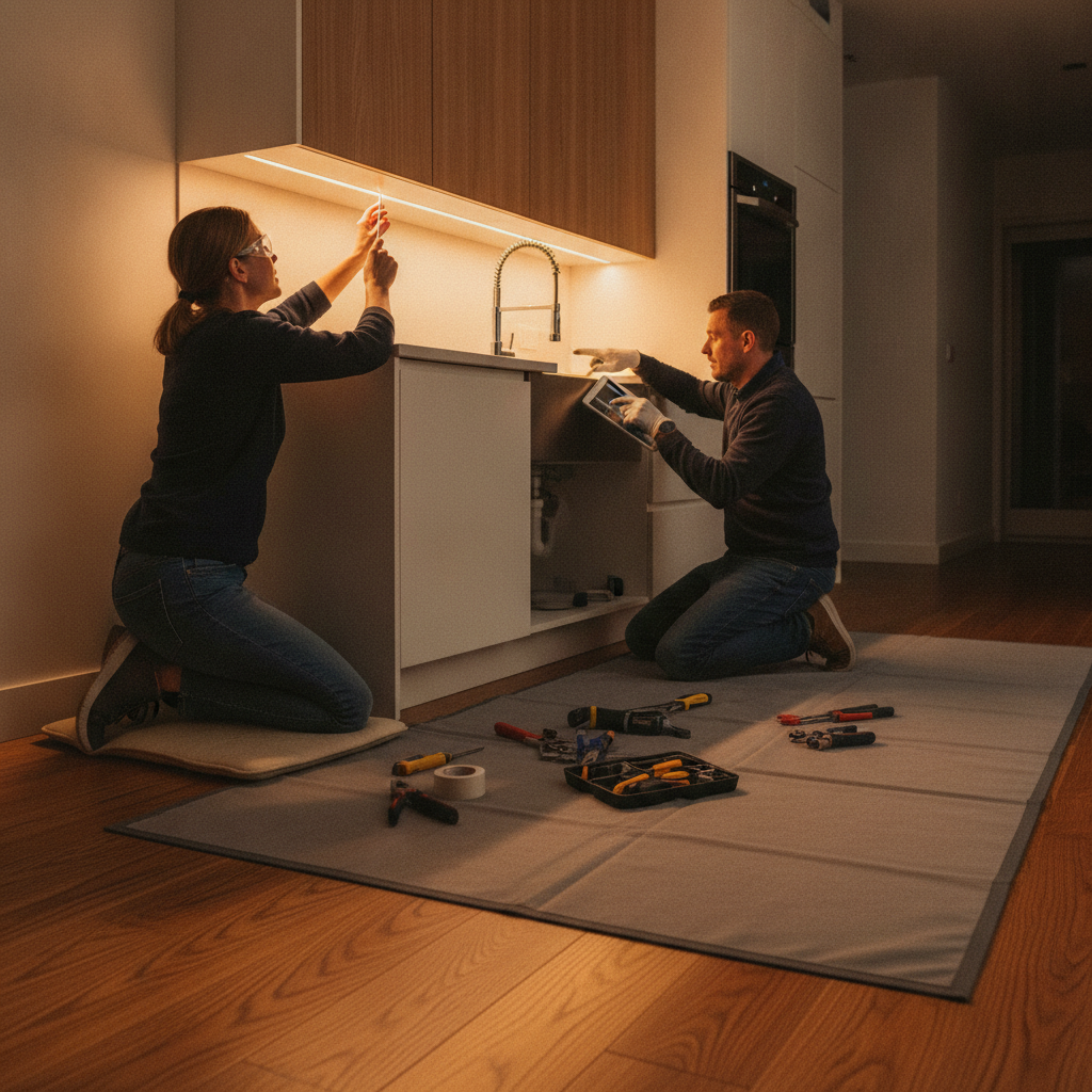 Crew adjusting LED lighting and faucet during a budget kitchen remodel in The Meadows, Edmonton